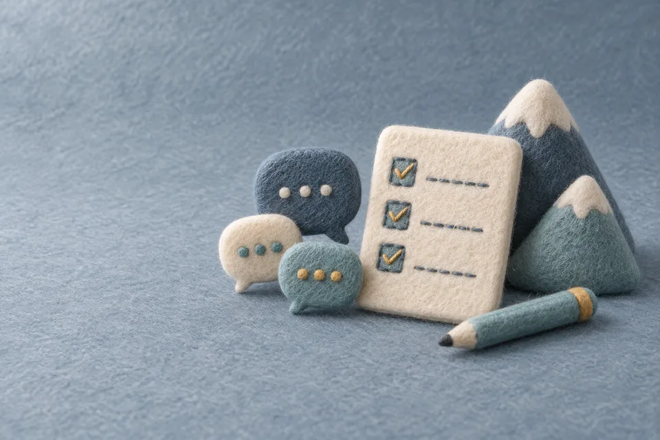 Felt conversation bubbles, a checklist and a small pencil