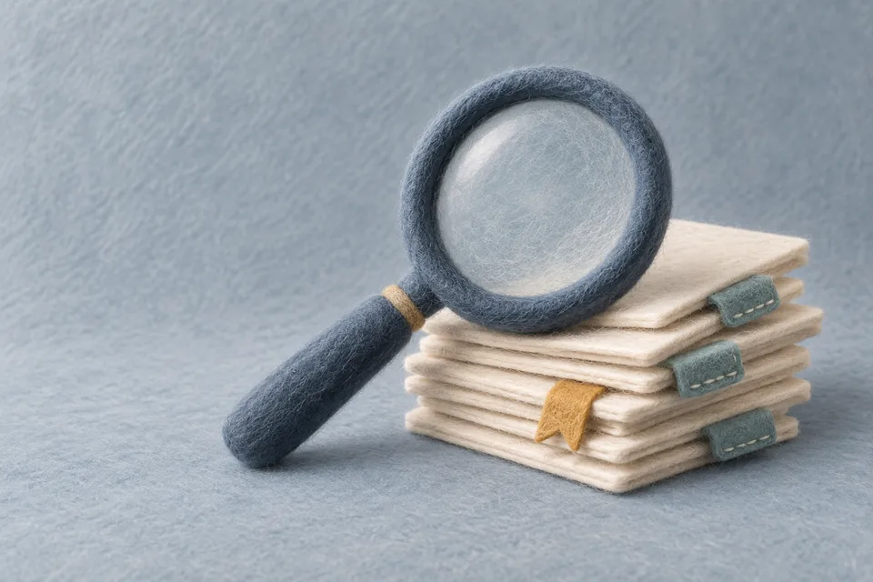 A wool-felt magnifying glass examining source cards