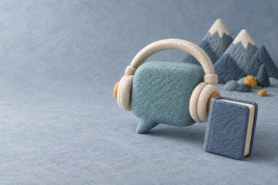 A wool-felt headset, conversation bubble and handbook