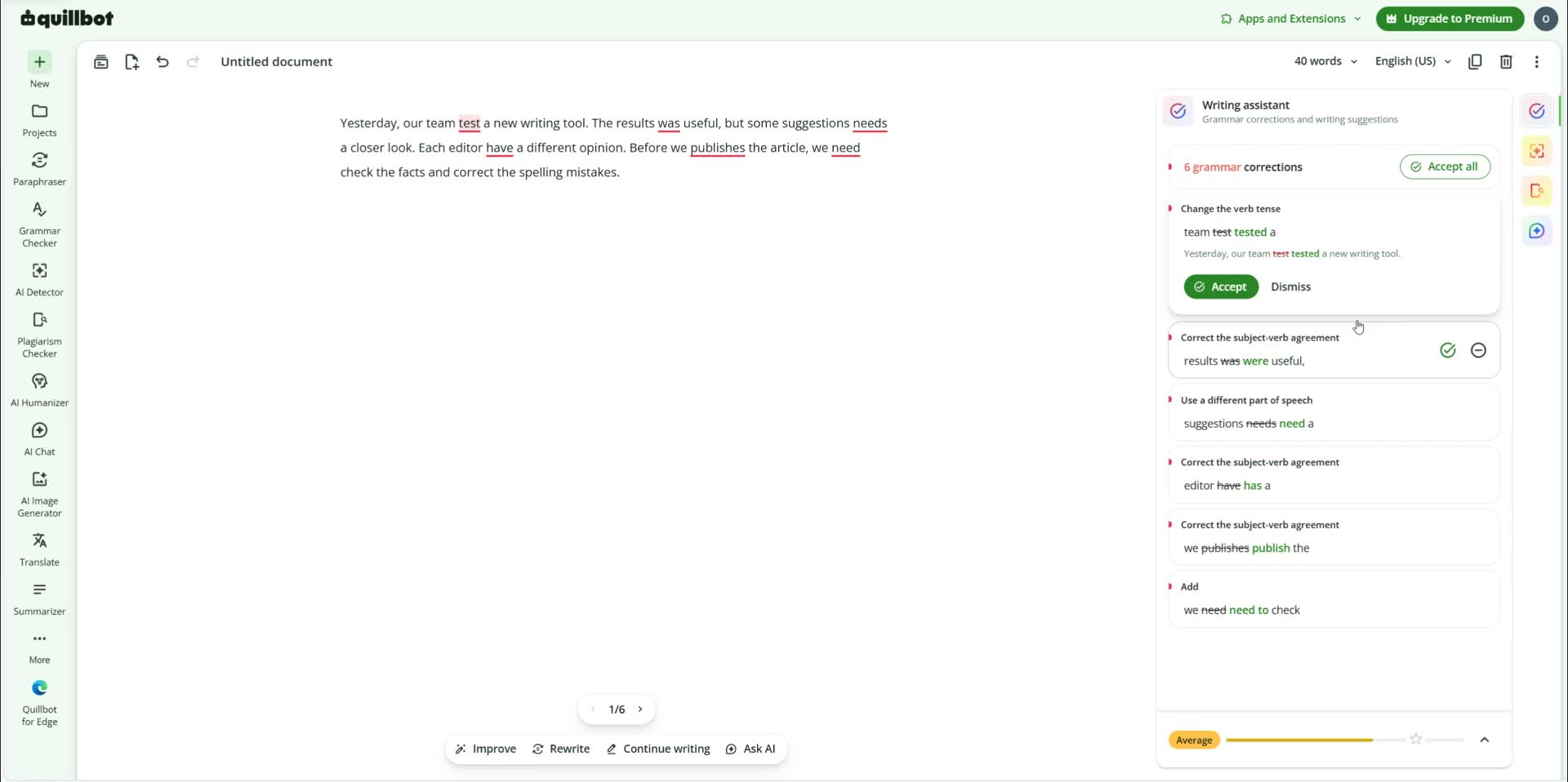 Captured QuillBot Grammar Checker test with six deliberate errors