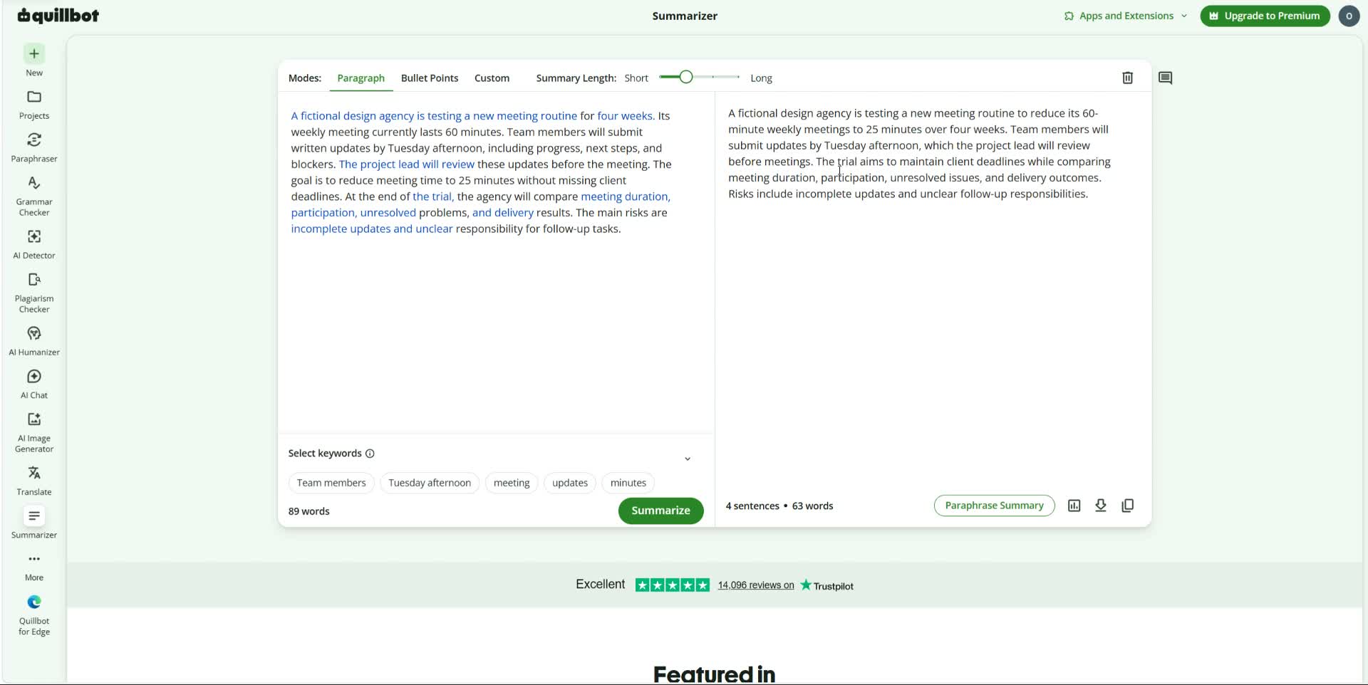 QuillBot paragraph summary reducing 89 words to 63